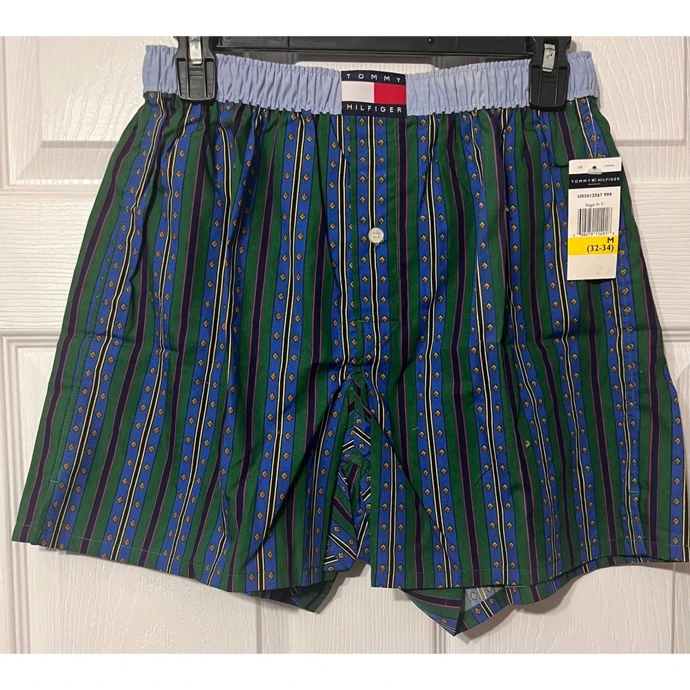 Tommy Hilfiger Mens Green Striped Patterned Cotton Boxer Shorts Medium NEW